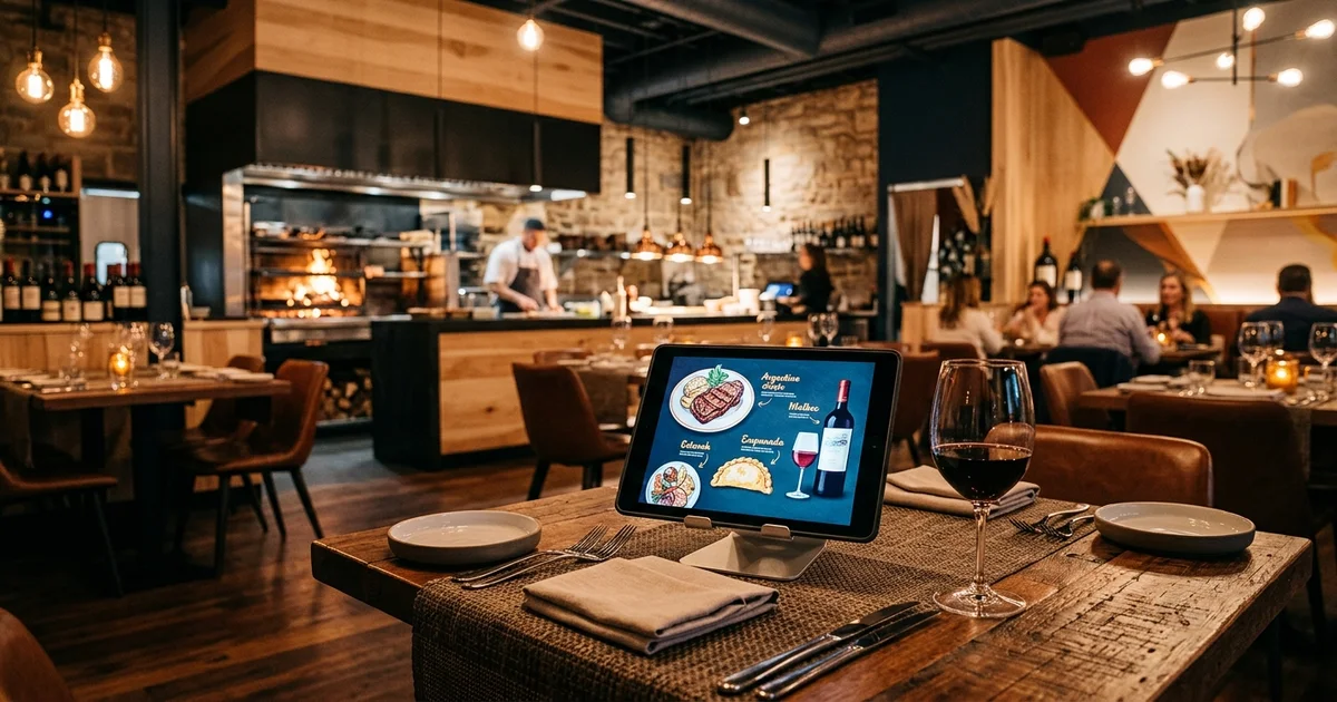 Interior de restaurante argentino con tablet mostrando menú digital
