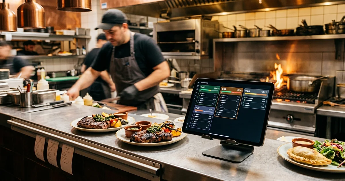 Dashboard de sistema de pedidos en tablet con órdenes activas de restaurante