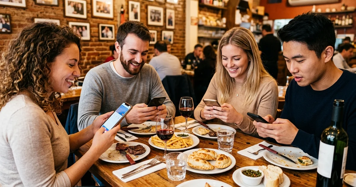 Grupo de amigos dividiendo la cuenta en un restaurante con sus celulares